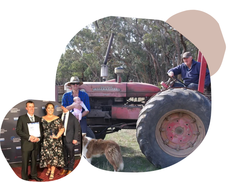 people on and around a tractor, and people accepting an award (overlapping images)