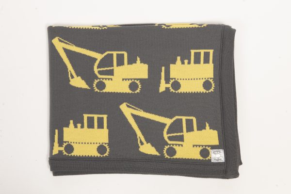 Grey blanket with yellow excavator print