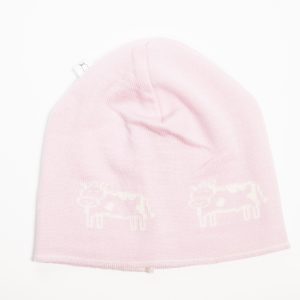 Pink beanie with cream cow print