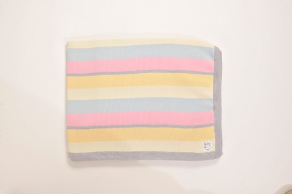Merino Wool Blue, cream, yellow, pink and grey blanket with grey edging