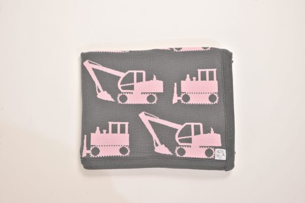 Grey blanket with pink excavator pattern