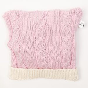 Pink cable knit beanie with cream edging