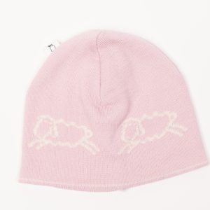 Pink beanie with cream sheep pattern
