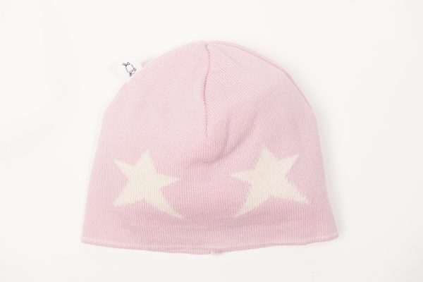 Merino Wool Pink beanie with cream stars
