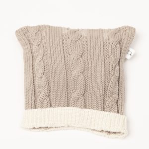 Latte coloured cable knit beanie with cream edging