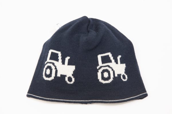 Navy beanie with cream tractor pattern