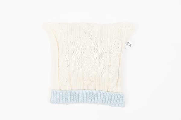 Merino Wool Cream cable knit beanie with ice blue edging