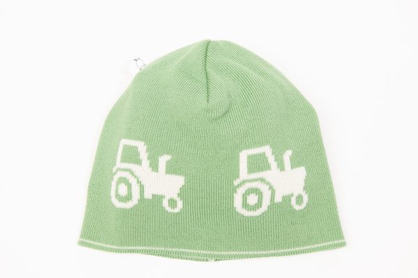 Green beanie with cream tractors
