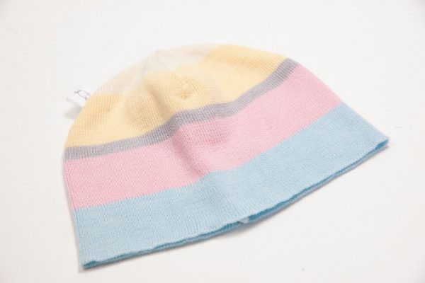 Blue, pink, grey, yellow & cream striped beanie