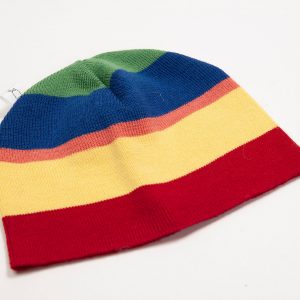 Red, yellow, salmon, blue and green striped beanie