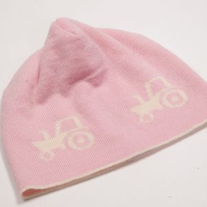 Pink beanie with cream tractor pattern
