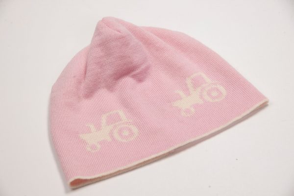 Pink beanie with cream tractor pattern