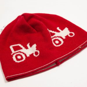 Red beanie with white tractor pattern