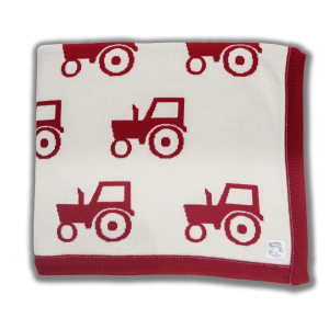 Cream blanket with red edging and red tractor print