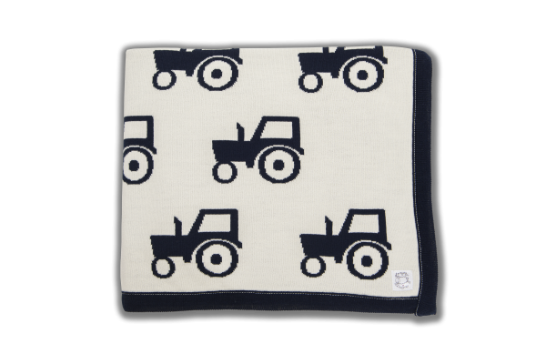 Cream blanket with navy edging and navy tractor print