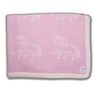 Pink blanket with cream edging and cream unicorn print