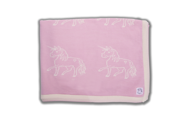 Merino Wool Pink blanket with cream unicorn print