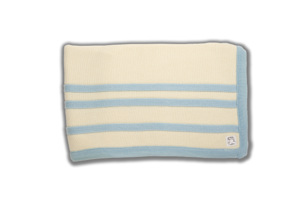 Cream blanket with ice blue edging and stripes