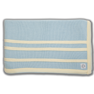 Blue blanket with cream edging and stripes