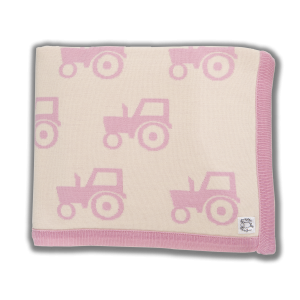 Cream blanket with pink edging and pink tractor print