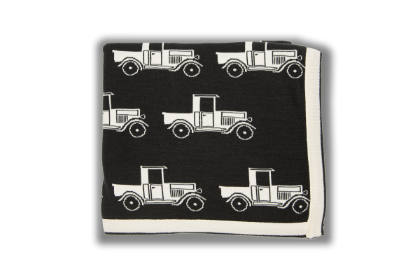 Black blanket with cream edging and cream Ford A model print