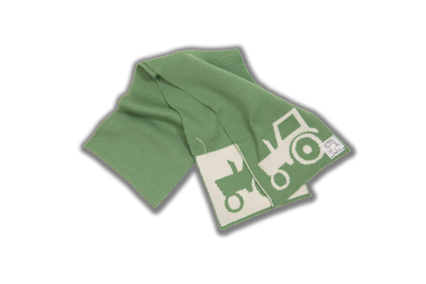 Green scarf with cream tractor print