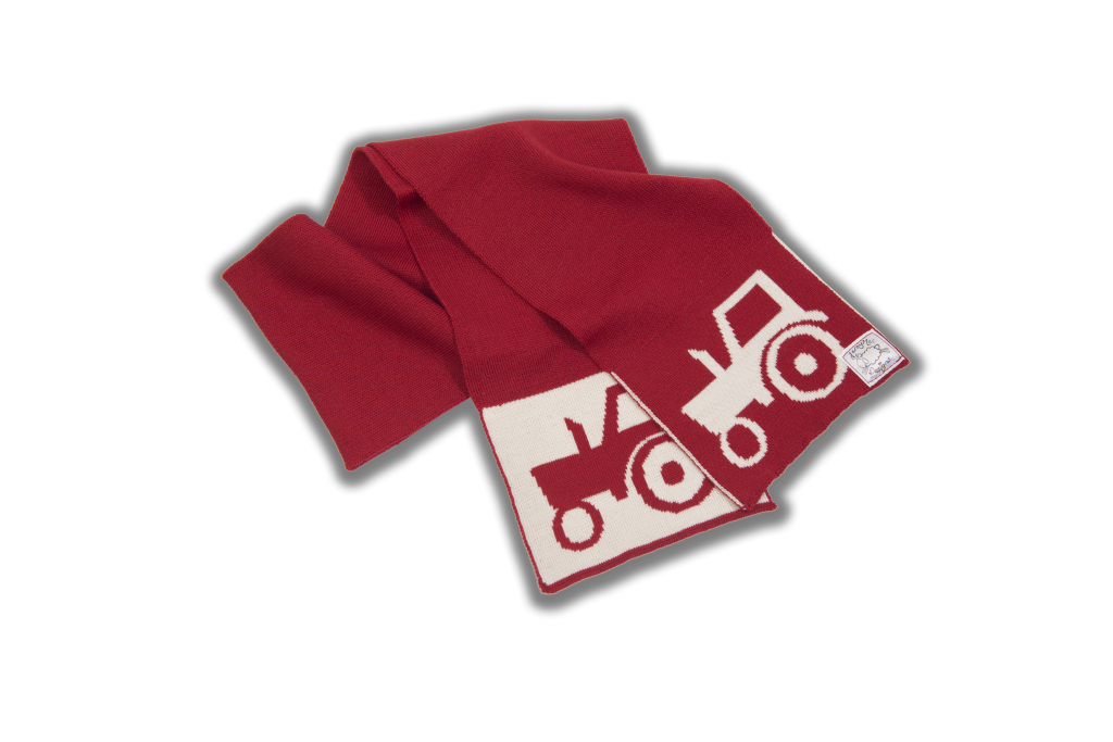 Merino Wool Red scarf with cream tractor print