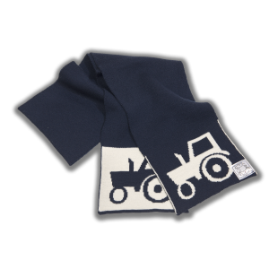 Navy blue scarf with cream tractor print