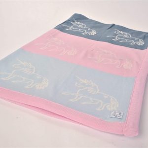 Merino Wool Grey, pink & blue blanket with unicorn print