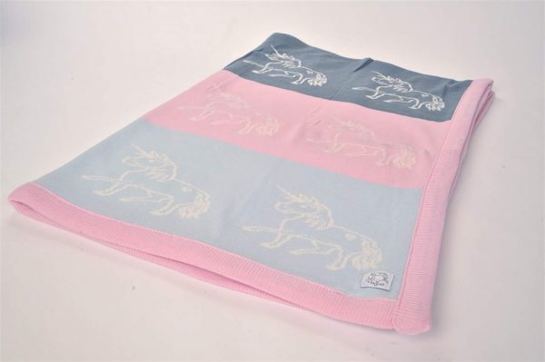 Merino Wool Grey, pink & blue blanket with unicorn print