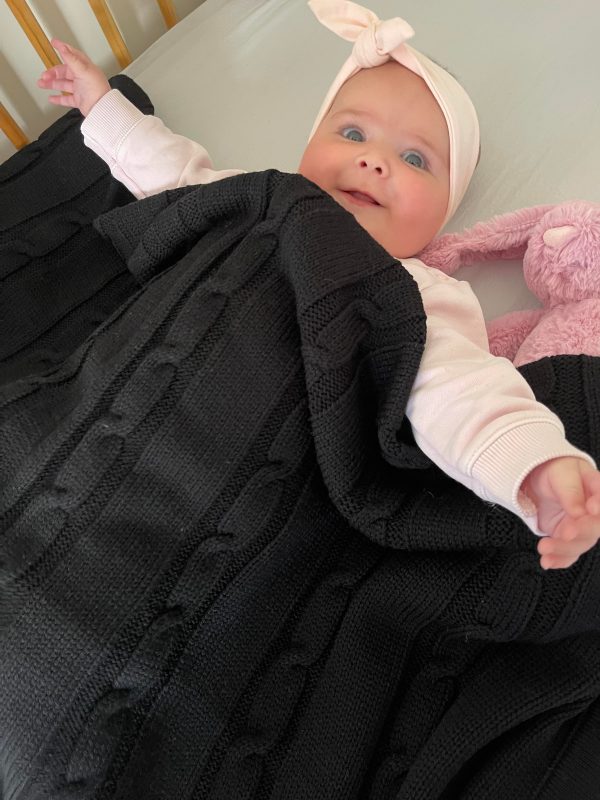 Merino Wool Black Cable Knit Throw - Baby Blanket